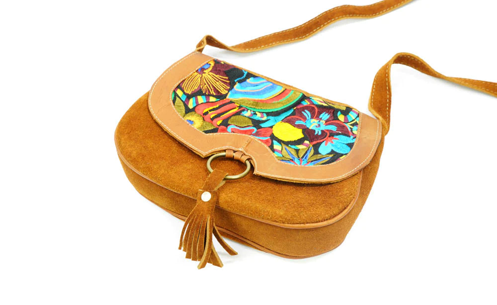 Floral hand embroidered leather suede handbag Asiri range.