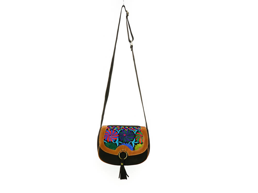 Floral hand embroidered leather suede handbag Asiri range.