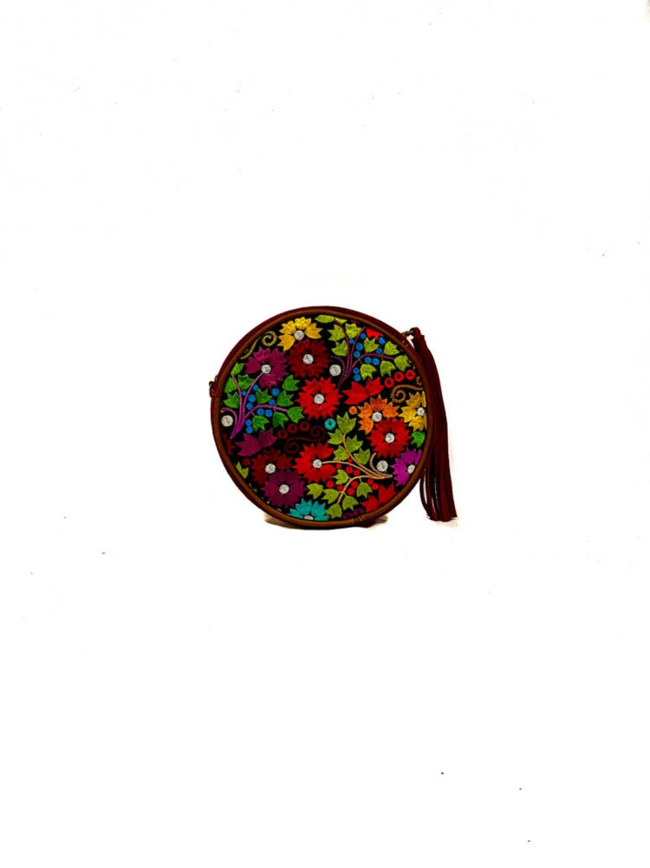 Floral hand embroidered leather suede handbag Sisa range.