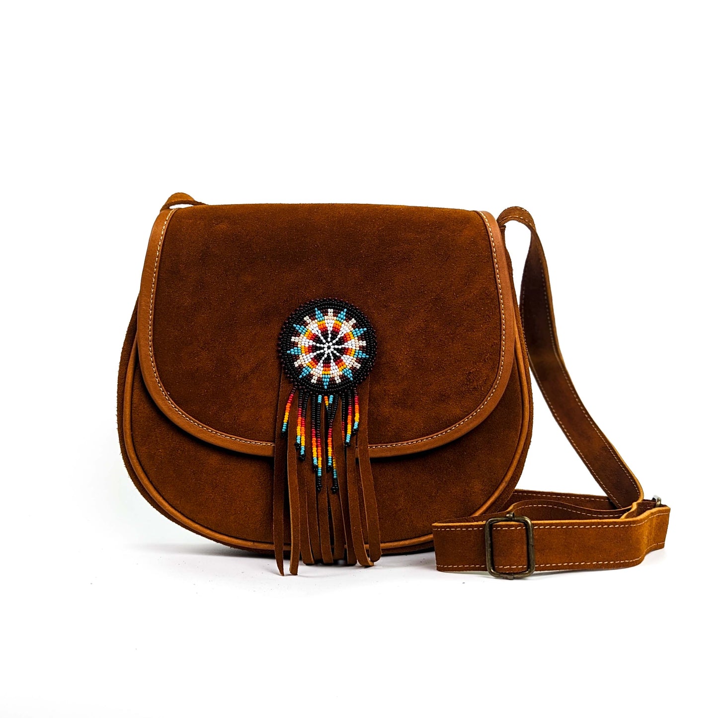 Floral hand embroidered leather suede handbag Suyana range.