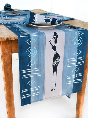 Hand Painted table runner Masai Indigo