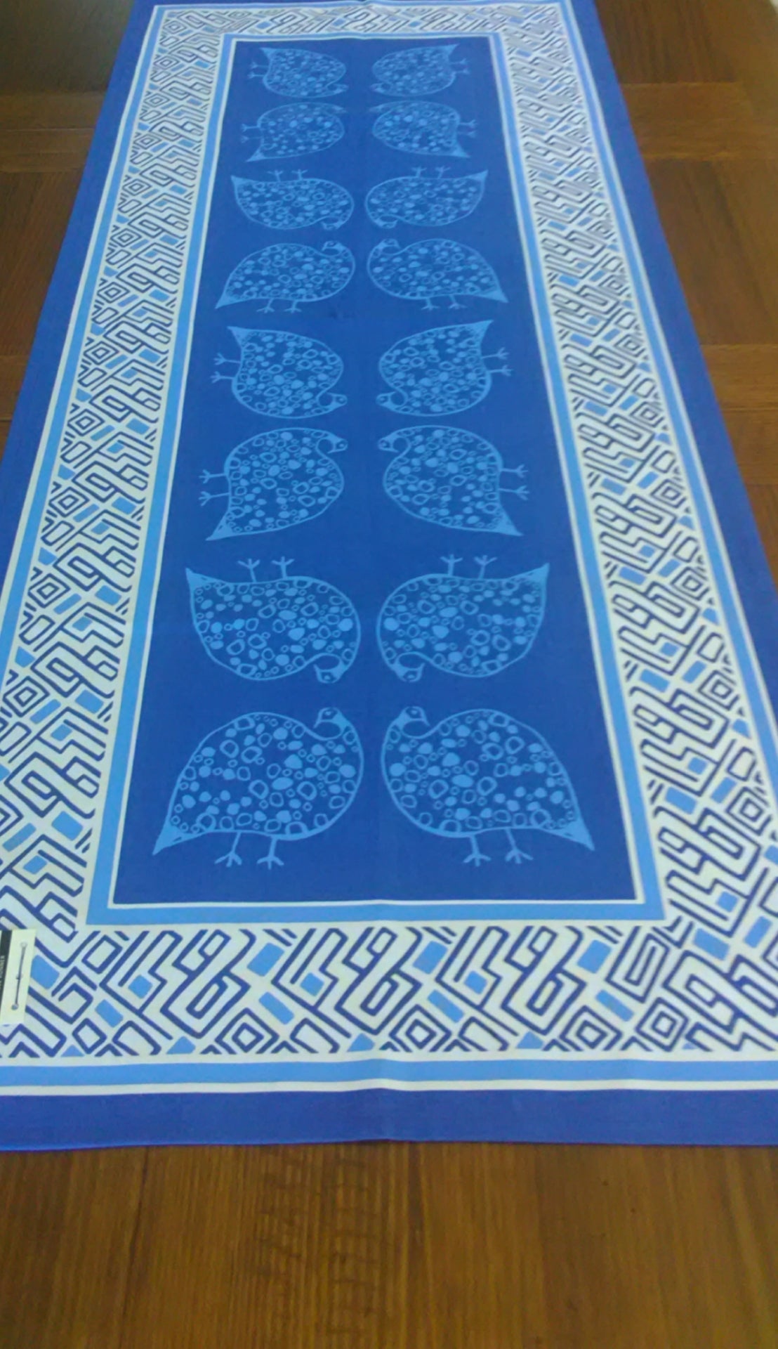 Blue hand painted table runner guinea fowl design