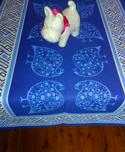 Blue hand painted table runner guinea fowl design